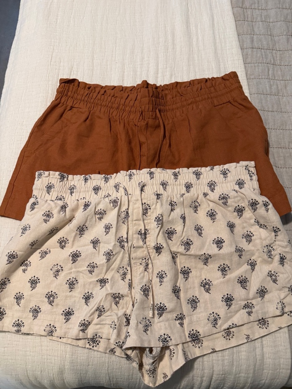 a new day Paperbag Linen Cream Printed Smocked Shorts with Rust Solid Pair